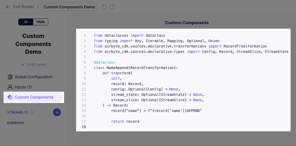 Custom Components interface in the Connector Builder UI